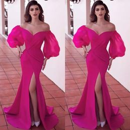 New Evening Dresses Formal Prom Party Gown Mermaid Off-Shoulder Long Sleeve Floor-Length Sweep Train Organza Satin long Backless Split