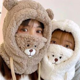 Beanies Beanie/Skull Caps Cartoon Bear Ear Lamb Beanie With Mask Balaclava Women's Fashion Warm Winter Hat For Girls Windproof Thickened