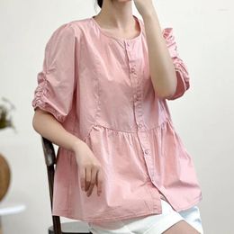 Women's Blouses Loose Round Neck Collection Waist Lace Up Short Sleeve Shirt Summer Thin Women Camisas De Mujer
