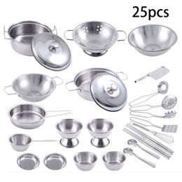 Kitchens Play Food 25Pcs Stainless Steel Kids House Kitchen Toys Children Pretend Play Cookware Set 230520