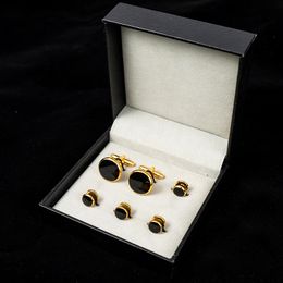 Luxury Tuxedo Cufflinks and Studs Set Black Enamel Round Design Cuff Button Set For Mens Suit French Shirt Business Gifts