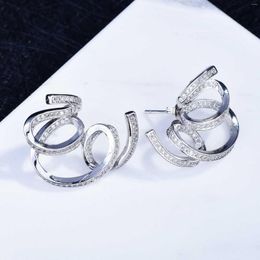 Stud Earrings Real Silver Plated Simple Full Zircon Spiral Minimalist Exquisite CZ Perforated Hypoallergenic Sensitive Ears