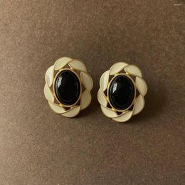 Stud Earrings Vintage Western Antique Style Versatile Black And White Enamel Geometry 925 Silver Needle
