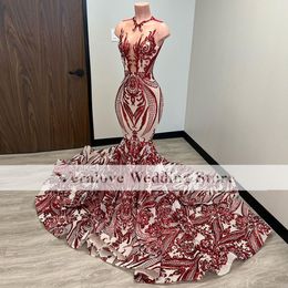 Red Sequined Prom Dress Mermaid 2023 African Gala Party Gown vestidos de graduacion Formal Occasion Dresses