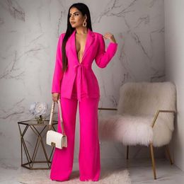 Women s Two Piece Pants business suit office wearing a two piece jacket fashionable casual professional women s with waist tie and pants 230522