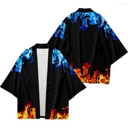 Ethnic Clothing Haori Yukata Men Women Kimono Cardigan Streetwear Loose Plaid Print Boy Girls Robe Blue Flame Tops Kids Shirts