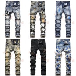 European Style Jean Letter Star Embroidery Patchwork Ripped Jeans High Quality Motorcycle Pant Mens Skinny Pants