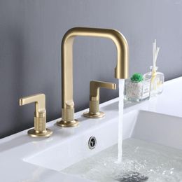 Bathroom Sink Faucets Luxury Brass Faucet High Quality Design 3 Holes 2 Handles Basin Mixer Tap Cold Water Brushed Gold