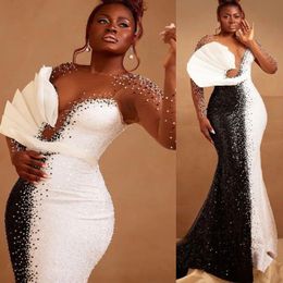 2023 AMVCA Aso Ebi Luxurious Mermaid Prom Dress Beaded Black&White Evening Formal Party Second Reception Birthday Engagement Gowns Dress Robe De Soiree ZJ305