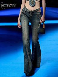 Women s Two Piece Pants Weekeep Distressed y2k Flared Jeans Streetwear Low Rise Rivet Stitching Cargo 90s Grunge Women Denim Trousers Vintage 230522