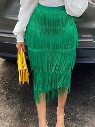 Green Fringe Bodycon Pencil Skirts Tassel High Waist Women Stretch Sheath Midi Length Ladies Slim Jupe Saias faldas P230519