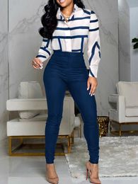 Women's Two Piece Pants Striped printed shirt top and high waisted pants set P230522