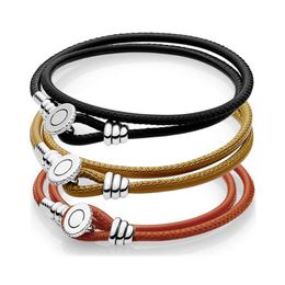 Bangle Multicolor Double Leather With Button Clasp 925 Sterling Silver Bracelet Fit Fashion Original Bangle Bead Charm Diy Jewellery