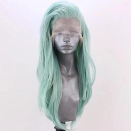 Mint Green Long Grey Natural Wave Glueless Heat Resistant Fibre Hair Synthetic Lace Front For Women With Free Part