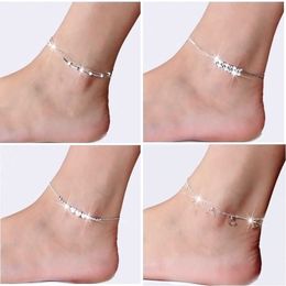 Anklets 1PC Stylish Copper Cross Heart Flower Anklet Metal Silver Color Pendant Foot Chain For Women Summer Beach Foot Show Jewelry Gift G220519