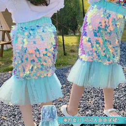 Saias de verão meninas crianças meio vestido mini -saia filha do mar azul sereia princesa lantejas especiais 230520