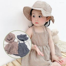 Girl Dresses Summer Baby Girls Beach Princess Dress Cute Plaid Sleeveless Cotton Toddler Sunhat Born Clothes Set