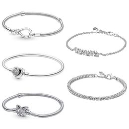 Bangle NEW 925 Sterling Silver Infinity Knot Snake Chain Bracelet Entwined Infinite Hearts Clasp Bangle Fit Women DIY Pan Charms