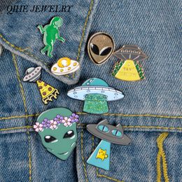 QIHE Jewellery Alien Enamel Pins Collection Outer Space Lapel pins Green Alien Badges Brooches for Geeks/Him/Her