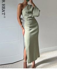 Basic Casual Dresses Sexy Single Shoulder Long Sleeve For Women Summer Solid Side Slit Robe Female Fashion Pleated Sudress 230522