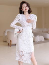 Casual Dresses High Quality Spring Autumn Fashion Women Evening Dress Mujer Lace Chic Sheer Sexy V-Neck Slim Slit Midi Party Club Prom