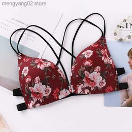 Bras Floral Print Bra Women Front Buckle Bra Underwear Seamless Sexy Padded Lingerie Bralette Beauty Cross Back Women Push Up Bras T230522