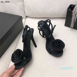Sandals Silk Fabric Flower Buckle Thin Highheeled Sandals Open Toe Round Head Leather Highheeled Shoes With Large Soles J230522