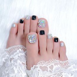 False Nails 24pcs Full Rhinestones Press On Toenails Summer Square French Toenail For Girl Professional Short Fake Nail Art