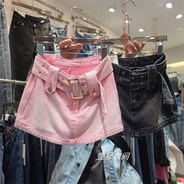 Skirts Fashion sexy denim miniskirt women s girl a line hakama skirt bag hip Y2K gothic pink 230522