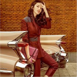 Women's Tracksuits Ladies Fashion Spring And Autumn Wine Red Suit Contrast Color Jacket Feet Nine Pants Two Sets AL190120Women's