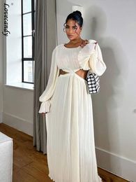 Basic Casual Dresses Sexy Cut Out Waist Flare Sleeve White Maxi For Women Fashion Pleated O Neck Long Dress Summer Lady Party Club Vestidos 230522