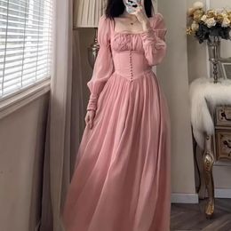 Casual Dresses French Retro Square Neck Corset Princess Prom Dress Women 2023 Spring Long Sleeve Elegant Pink Female Slim Evening