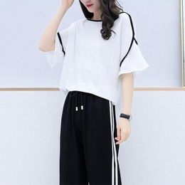 Women's Two Piece Pants Casual Outfit Pockets Top Set Flared Half Sleeve Side Lines Patchwork T-shirt Long Trousers Versatile