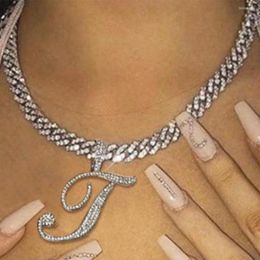 Chains Hip Hop A-Z Cursive Letter Choker Iced Out Rhinestones Cuban Necklace For Women Bling Crystal Initial Pendant Jewellery