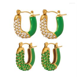Hoop Earrings 2023 Fashion 18K PVD Gold Plated Stainless Steel Green Enamel Crystal Rhinestone Cubic Zirconia
