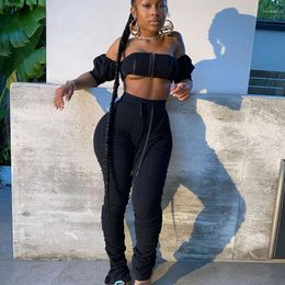 Women's Two Piece Pants Sexy Nightclub Women Stacked Suit Off Shoulder Flare Sleeve Tube Top Sweatpants Leggings Ruched Tracksuit Sets