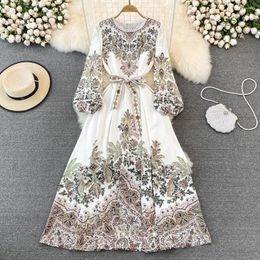 Casual Dresses Royal Style Vintage Print Long Sleeve Women 2023 Summer Autumn A-line Big Swing Elegant Party Gowns