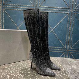 Dress Shoes Women Long Boots Pointed Toe Women Boots Zipper Genuine Leather Fashion Short Boots Sexy High Heels Rhinestones Mesh Boots Botas J230522