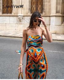 Women s Two Piece Pants Printed Sleeveless Blouse Drawstring Suits Causal Satin Backless Sling Top Pieces Set Summer Women Headband Outfits 230522