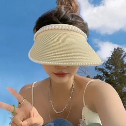 Womens Straw Pearl Sun Visor hat Summer Shade Hats Girl Female Wide Brim Cap Lady Beach Visors Sunhat for women