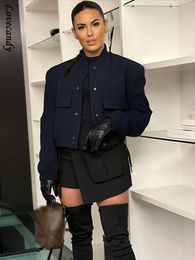 Men s Jacket Dark Blue With Pockets Cropped Jacket 2023 Female Vintage O Neck Long Sleeves Coats Lady Streetwear Tops 230522