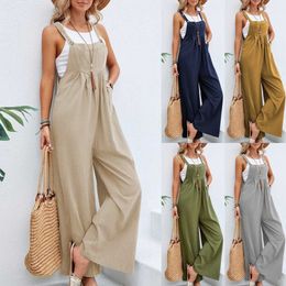 Women's Jumpsuits Rompers Vintage Cotton Linen Jumpsuit Women 2023 Casual Solid Button Wide Leg Suspender Pants with Pockets Summer Loose Overalls Rompers P230522