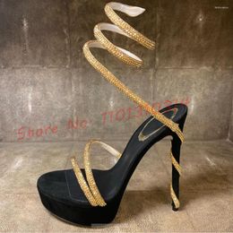 Platform Crystal Snake Sandals Heel Women Cross Strap Design Summer Evening Shoes Ladies Sparkling Female Banquet 696d