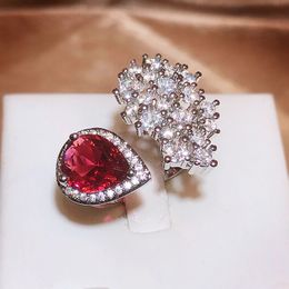 Women sweet Wedding Ring European and American style Sparkling Waterdrop Red Zircon diamond ring girls Party Jewellery birthday gift Opening Adjustable