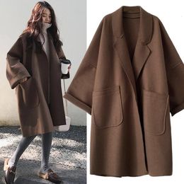 Women s Trench Coats Elegant Woollen Coat Winter for Women Vintage Windbreakers Jacket Mid Length Loose Turn Down Collar Plus Size 4XL Cardigan 230522