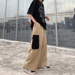 Men's Pants Khaki Cargo Pants Men Y2k Streetwear Black Wide Leg Baggy Trousers Women Oversize Pockets Hip Hop Drawstring Ankle Length Pants