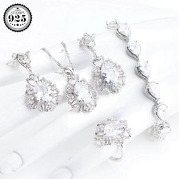 Sets Bridal Silver 925 Women Jewellery Sets Stone Bracelets Rings White Zircon Earrings Ladies Wedding Jewerly Pendant Necklace Set