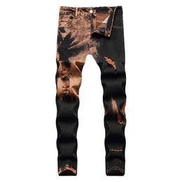 Men's Jeans Men's tie and dye elastic cotton denim jeans fashion holes mid waist straight pants plus size men's jeans P230522