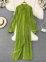 Casual Dresses Spring Autumn Women Loose Pleated Long Dress Elegant Turn-Down Collar Single Breasted Draped Maxi Robe Female 2023