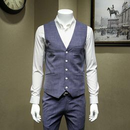 Men's Vests Blue Slim Style Men Suits Vest V-Neck Casual Business Man Wedding Groom Wear Thin 2023 Summer Plus Size 56